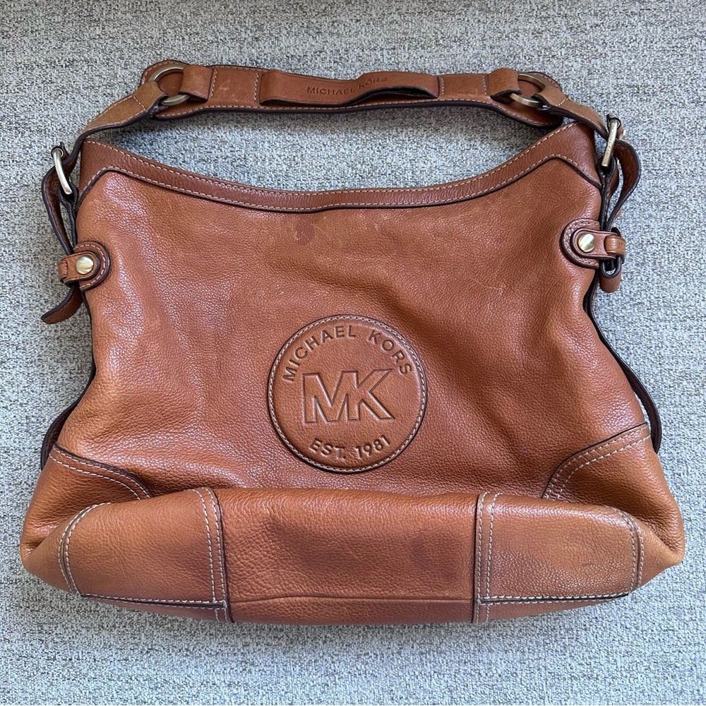 Michael Kors Cognac Pebbled Leather Hobo Bag Slouchy Shoulder Tote Boho Chic